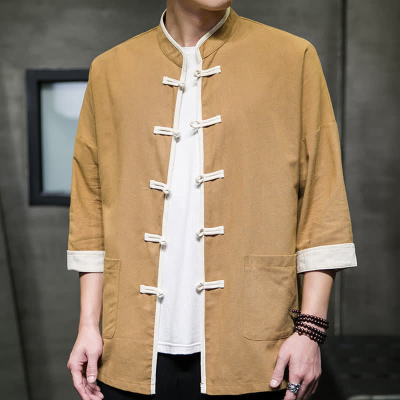 Buddha Stones Camisas de manga corta para hombre con cuello mandarín, bloques de color y botones de rana, estilo Summer Tang, con bolsillos. - image 19