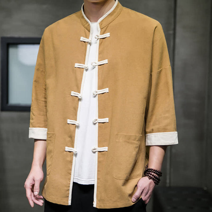 Buddha Stones Camisas de manga corta para hombre con cuello mandarín, bloques de color y botones de rana, estilo Summer Tang, con bolsillos. - image 17