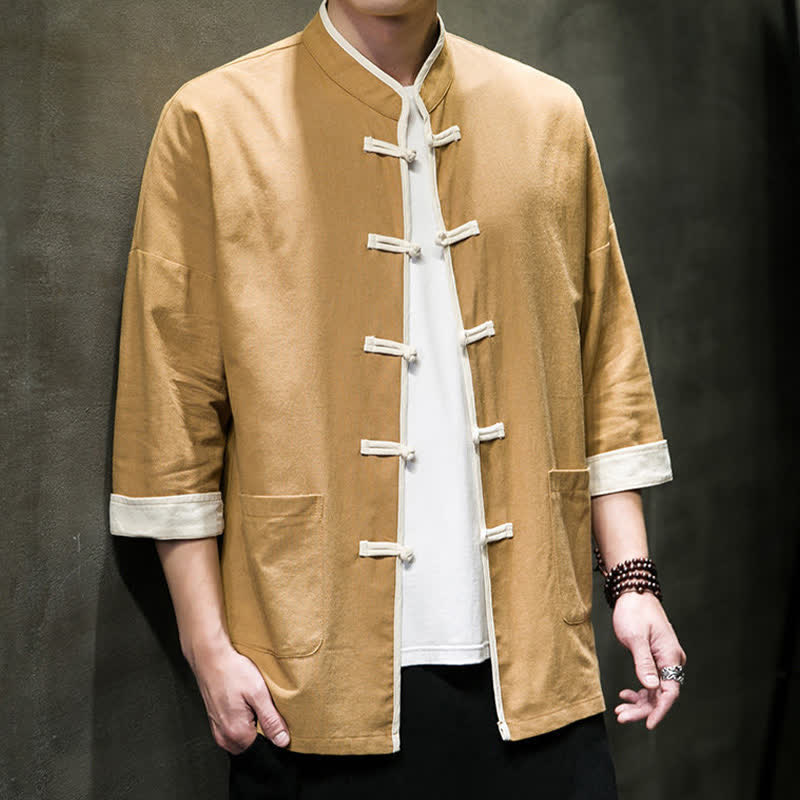 Buddha Stones Camisas de manga corta para hombre con cuello mandarín, bloques de color y botones de rana, estilo Summer Tang, con bolsillos. - image 23
