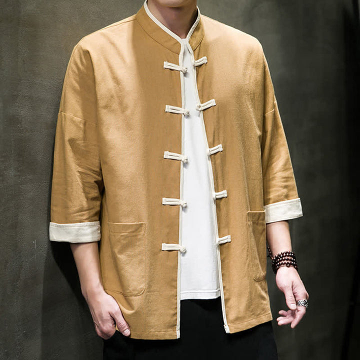 Buddha Stones Camisas de manga corta para hombre con cuello mandarín, bloques de color y botones de rana, estilo Summer Tang, con bolsillos. - image 23