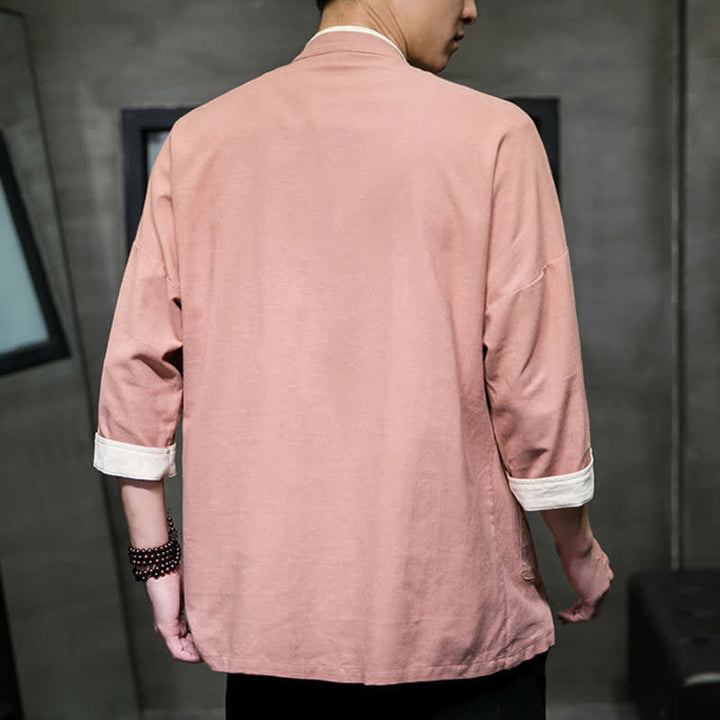 Buddha Stones Camisas de manga corta para hombre con cuello mandarín, bloques de color y botones de rana, estilo Summer Tang, con bolsillos. - image 28