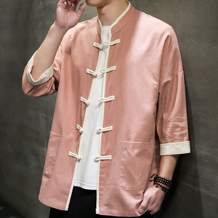 Buddha Stones Camisas de manga corta para hombre con cuello mandarín, bloques de color y botones de rana, estilo Summer Tang, con bolsillos. - image 29
