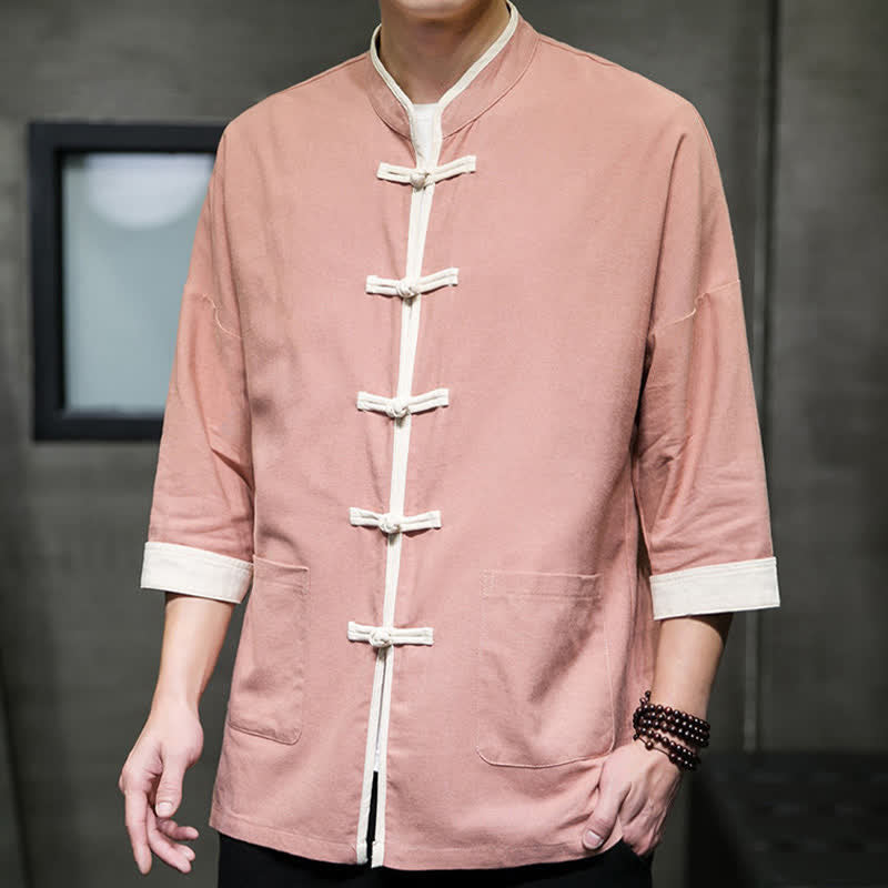 Buddha Stones Camisas de manga corta para hombre con cuello mandarín, bloques de color y botones de rana, estilo Summer Tang, con bolsillos. - image 25