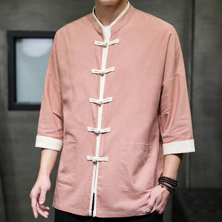 Buddha Stones Camisas de manga corta para hombre con cuello mandarín, bloques de color y botones de rana, estilo Summer Tang, con bolsillos. - image 25