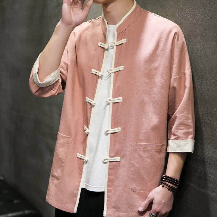 Buddha Stones Camisas de manga corta para hombre con cuello mandarín, bloques de color y botones de rana, estilo Summer Tang, con bolsillos. - image 26