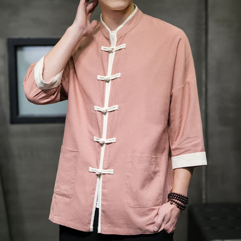 Buddha Stones Camisas de manga corta para hombre con cuello mandarín, bloques de color y botones de rana, estilo Summer Tang, con bolsillos. - image 32
