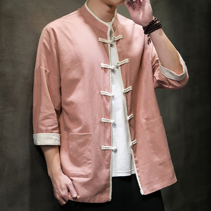 Buddha Stones Camisas de manga corta para hombre con cuello mandarín, bloques de color y botones de rana, estilo Summer Tang, con bolsillos. - image 31