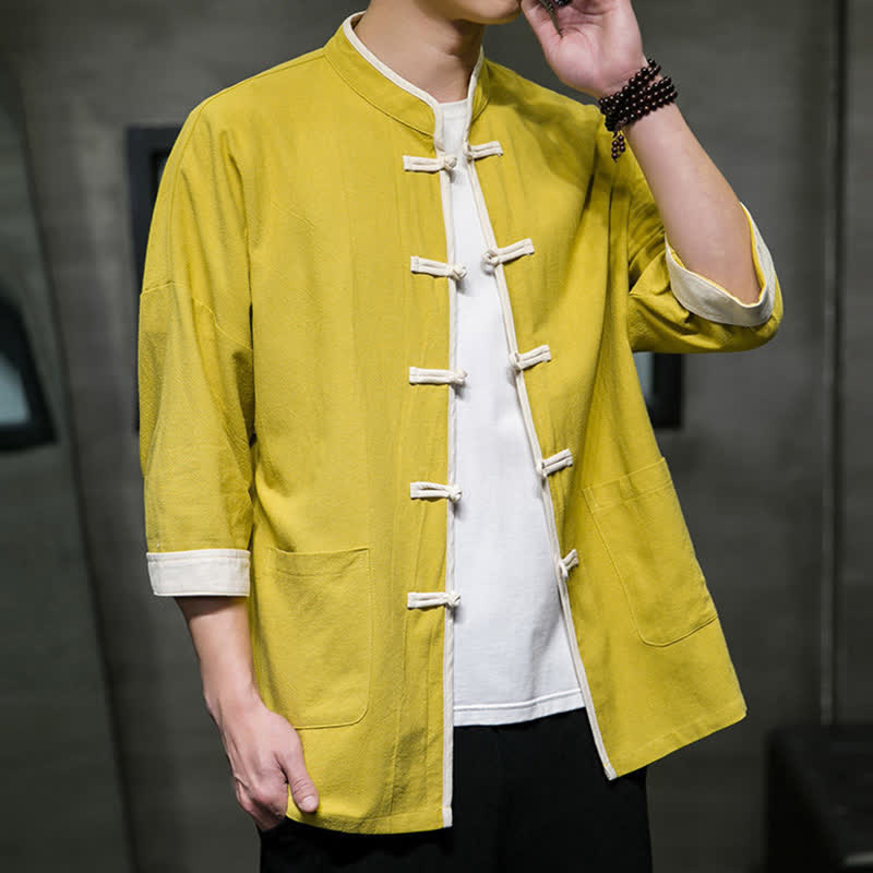 Buddha Stones Camisas de manga corta para hombre con cuello mandarín, bloques de color y botones de rana, estilo Summer Tang, con bolsillos. - vara de oro - US/UK/AU46, EU56 (5XL) - image 33