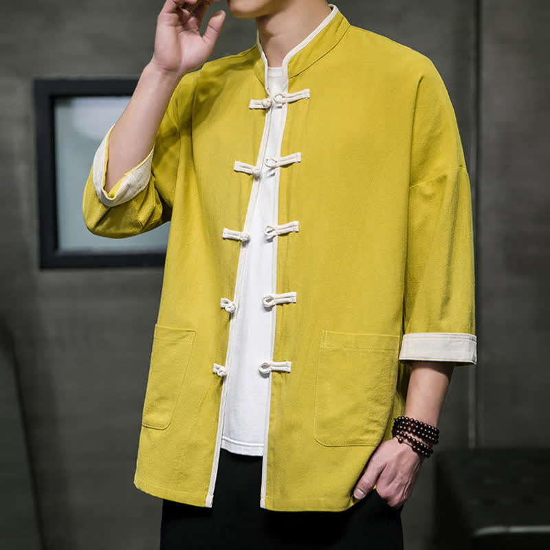 Buddha Stones Camisas de manga corta para hombre con cuello mandarín, bloques de color y botones de rana, estilo Summer Tang, con bolsillos. - image 35