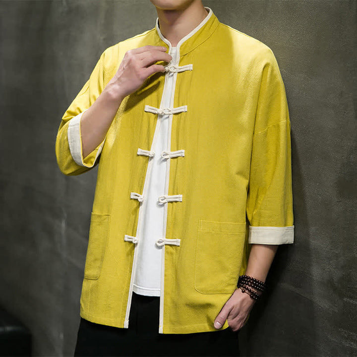 Buddha Stones Camisas de manga corta para hombre con cuello mandarín, bloques de color y botones de rana, estilo Summer Tang, con bolsillos. - image 36