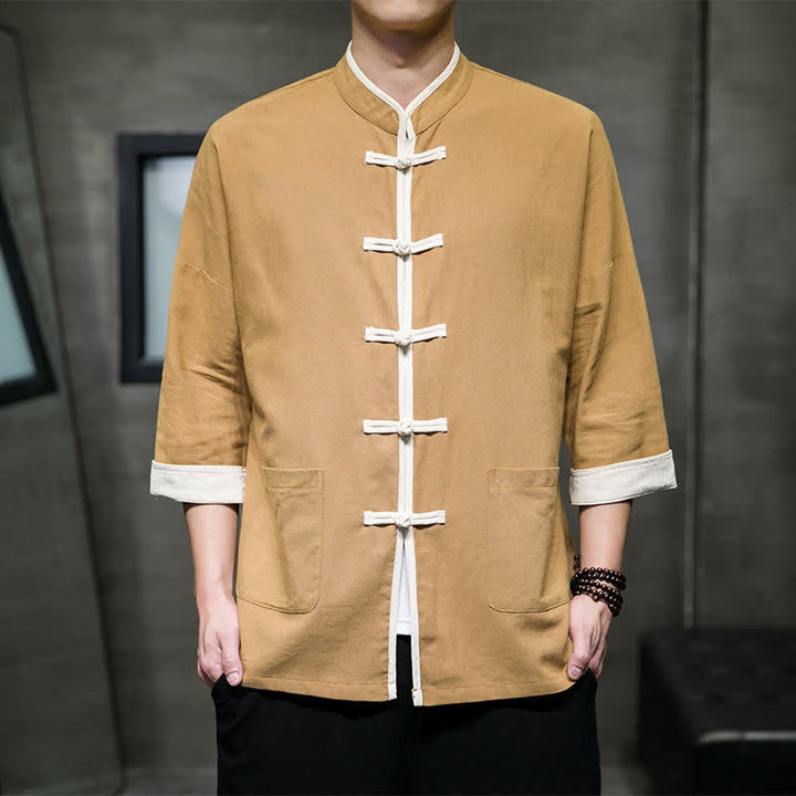 Buddha Stones Camisas de manga corta para hombre con cuello mandarín, bloques de color y botones de rana, estilo Summer Tang, con bolsillos. - image 16
