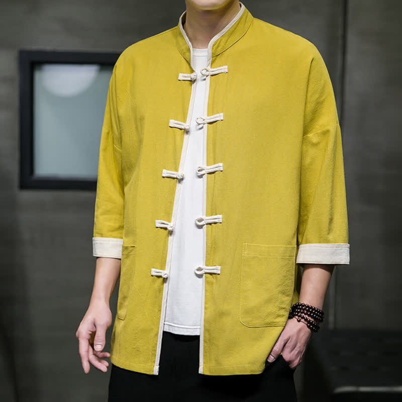 Buddha Stones Camisas de manga corta para hombre con cuello mandarín, bloques de color y botones de rana, estilo Summer Tang, con bolsillos. - image 37