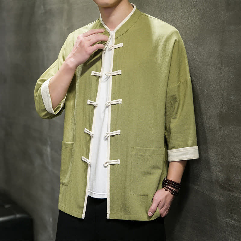 Buddha Stones Camisas de manga corta para hombre con cuello mandarín, bloques de color y botones de rana, estilo Summer Tang, con bolsillos. - image 10