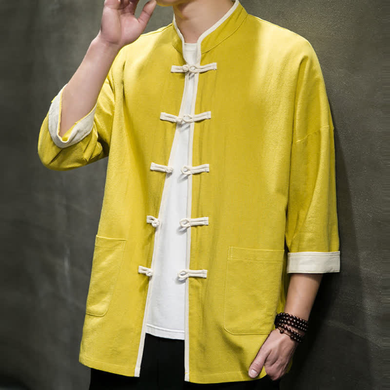 Buddha Stones Camisas de manga corta para hombre con cuello mandarín, bloques de color y botones de rana, estilo Summer Tang, con bolsillos. - image 38