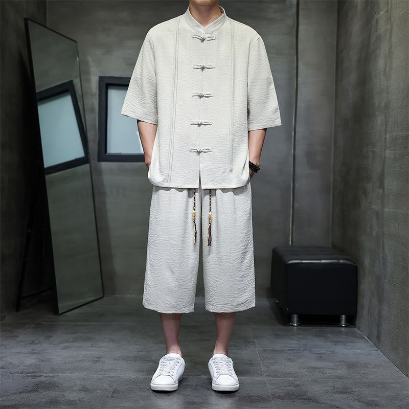 Buddha Stones Conjunto de 2 piezas: Camisa de manga tres cuartos estilo Tang con botones de rana, pantalones cortos y ropa de meditación para hombre con bolsillos. - Beige - US/UK/AU46, EU56 (5XL) - image 0
