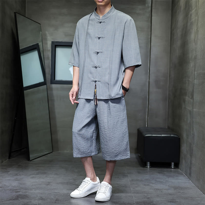 Buddha Stones Conjunto de 2 piezas: Camisa de manga tres cuartos estilo Tang con botones de rana, pantalones cortos y ropa de meditación para hombre con bolsillos. - Gris - US/UK/AU46, EU56 (5XL) - image 9