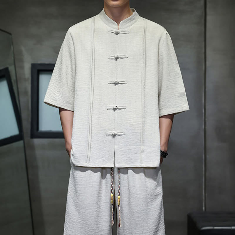 Buddha Stones Conjunto de 2 piezas: Camisa de manga tres cuartos estilo Tang con botones de rana, pantalones cortos y ropa de meditación para hombre con bolsillos. - image 7