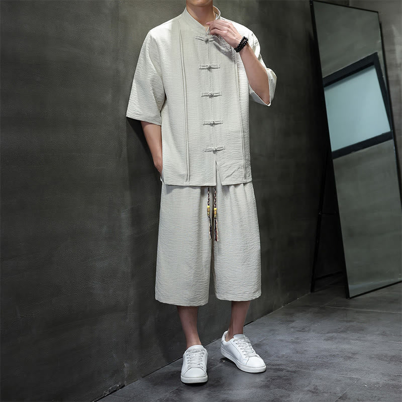 Buddha Stones Conjunto de 2 piezas: Camisa de manga tres cuartos estilo Tang con botones de rana, pantalones cortos y ropa de meditación para hombre con bolsillos. - image 4