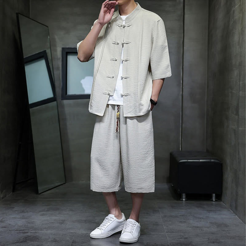 Buddha Stones Conjunto de 2 piezas: Camisa de manga tres cuartos estilo Tang con botones de rana, pantalones cortos y ropa de meditación para hombre con bolsillos. - image 5