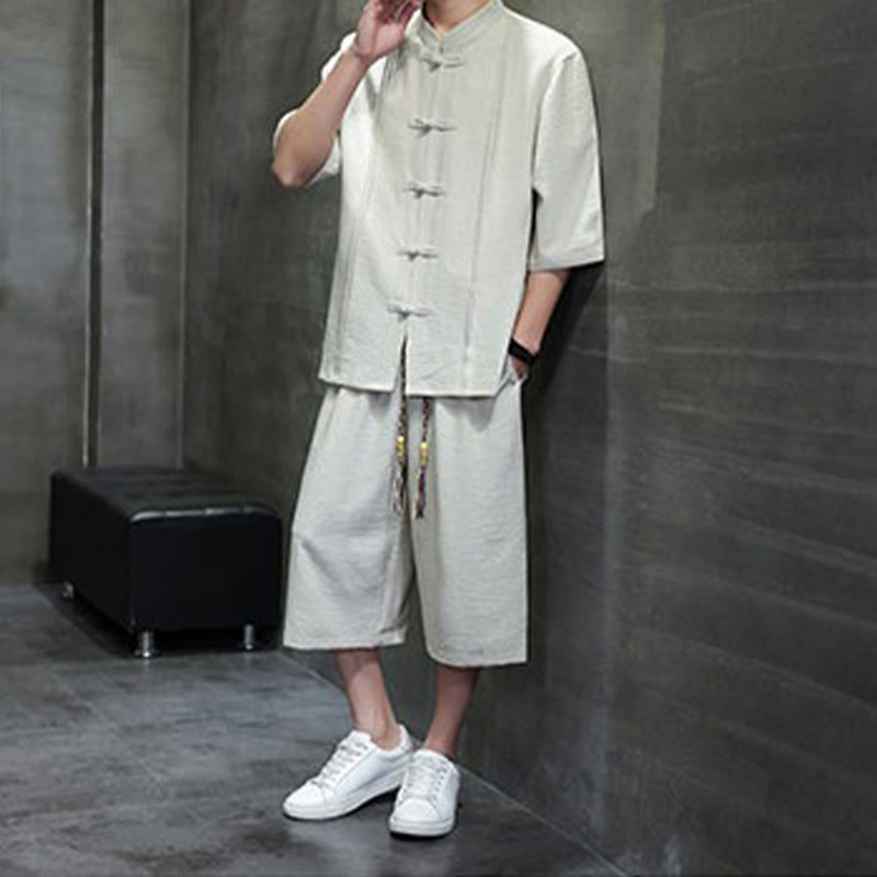 Buddha Stones Conjunto de 2 piezas: Camisa de manga tres cuartos estilo Tang con botones de rana, pantalones cortos y ropa de meditación para hombre con bolsillos. - image 2