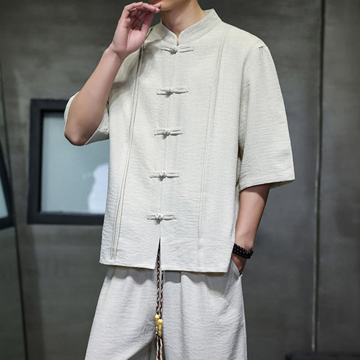 Buddha Stones Conjunto de 2 piezas: Camisa de manga tres cuartos estilo Tang con botones de rana, pantalones cortos y ropa de meditación para hombre con bolsillos. - image 8