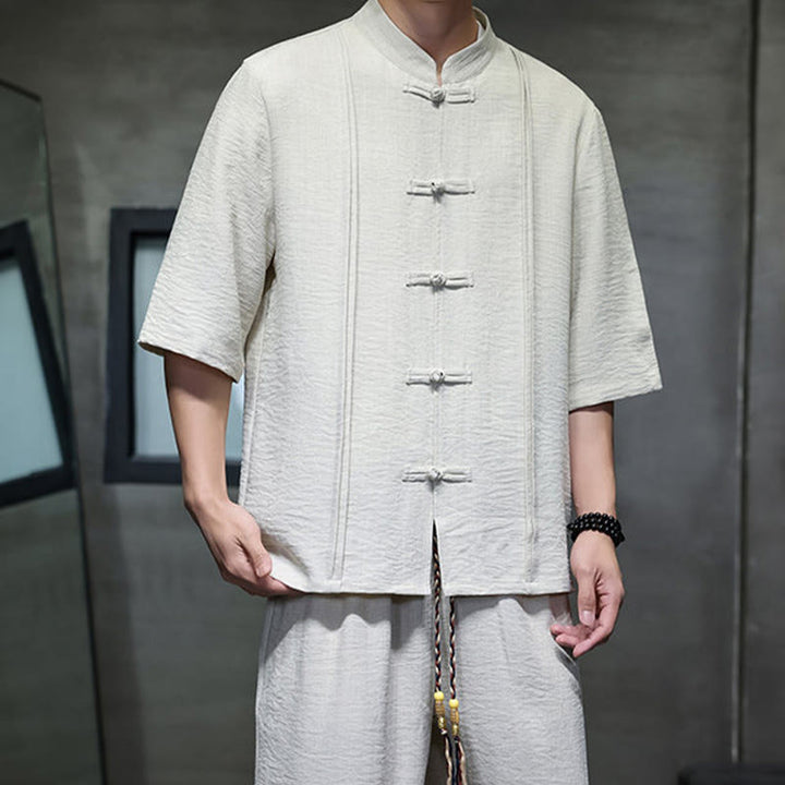 Buddha Stones Conjunto de 2 piezas: Camisa de manga tres cuartos estilo Tang con botones de rana, pantalones cortos y ropa de meditación para hombre con bolsillos. - image 6