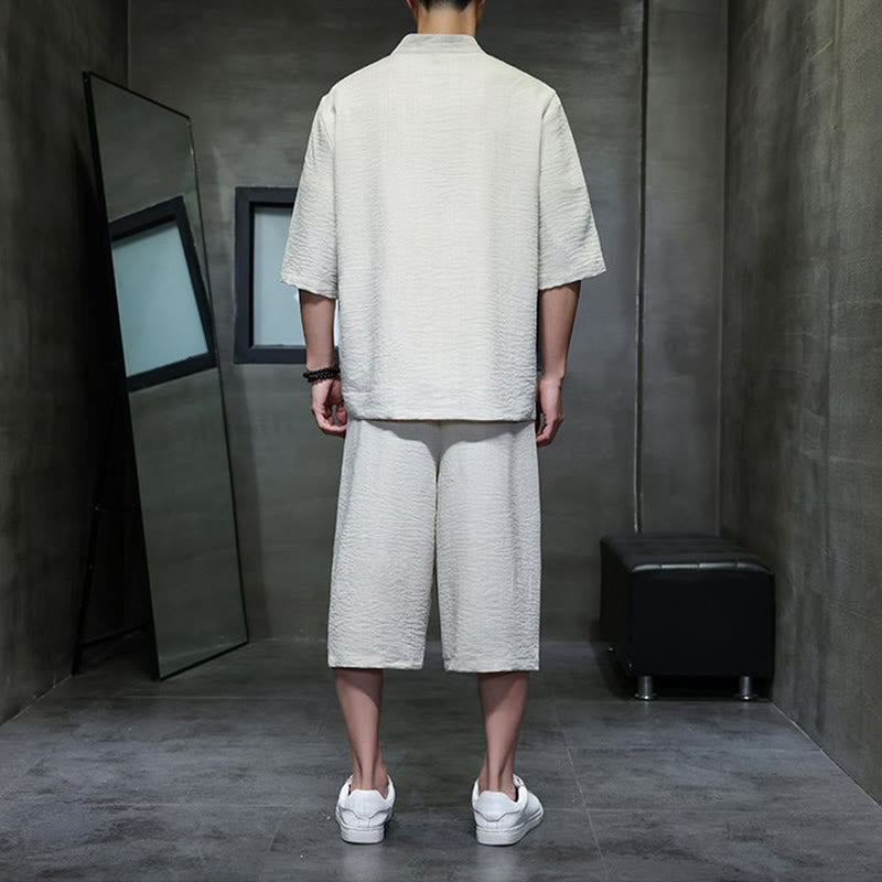 Buddha Stones Conjunto de 2 piezas: Camisa de manga tres cuartos estilo Tang con botones de rana, pantalones cortos y ropa de meditación para hombre con bolsillos. - image 3