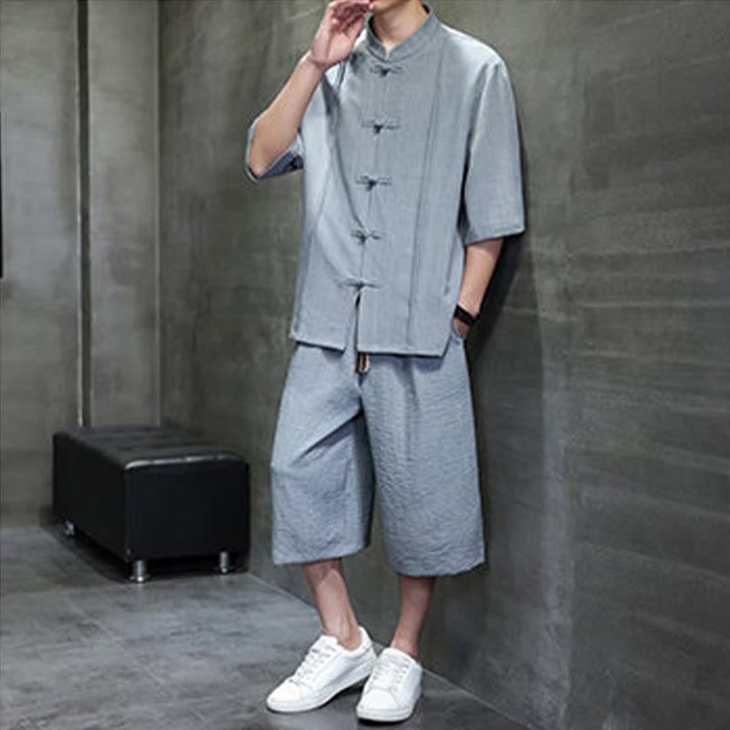 Buddha Stones Conjunto de 2 piezas: Camisa de manga tres cuartos estilo Tang con botones de rana, pantalones cortos y ropa de meditación para hombre con bolsillos. - image 11