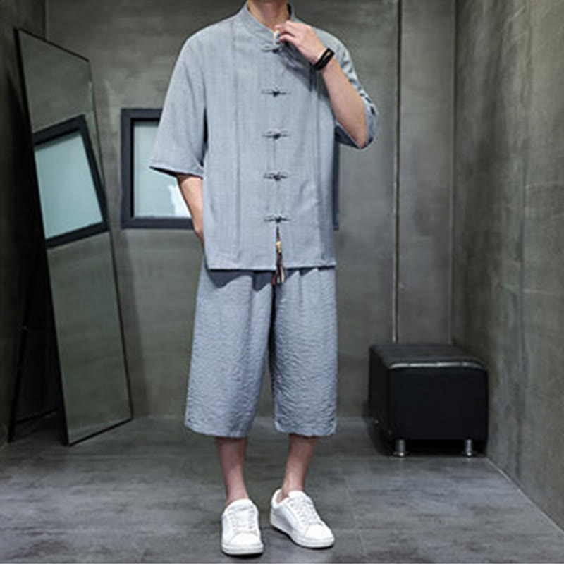 Buddha Stones Conjunto de 2 piezas: Camisa de manga tres cuartos estilo Tang con botones de rana, pantalones cortos y ropa de meditación para hombre con bolsillos. - image 10