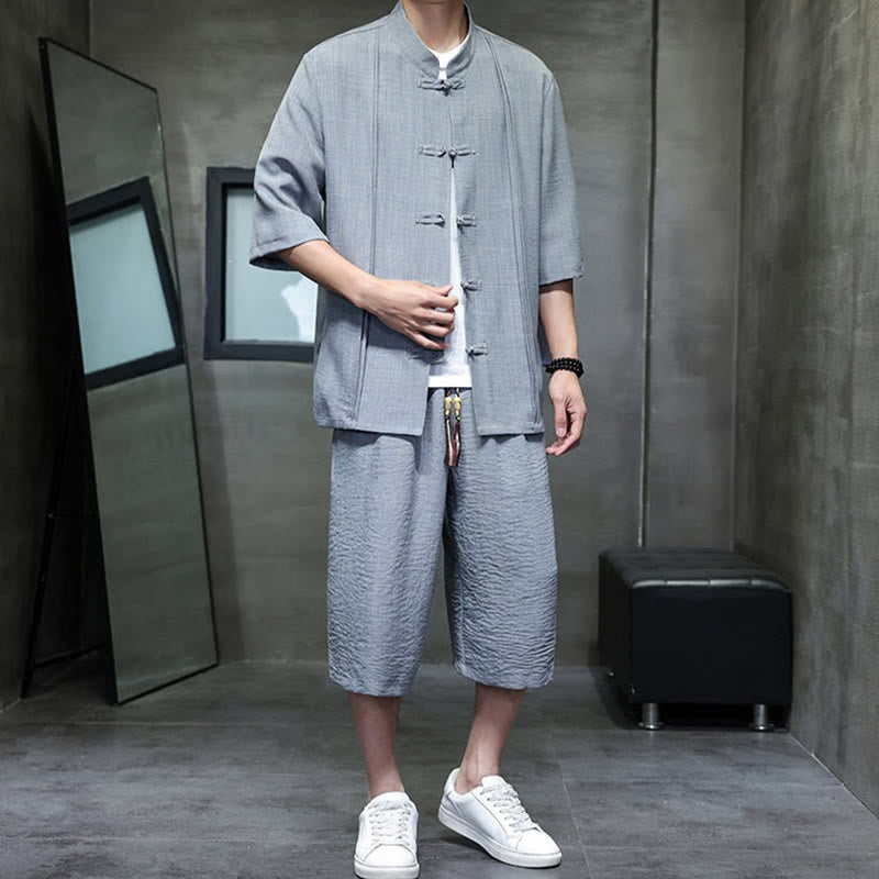 Buddha Stones Conjunto de 2 piezas: Camisa de manga tres cuartos estilo Tang con botones de rana, pantalones cortos y ropa de meditación para hombre con bolsillos. - image 12