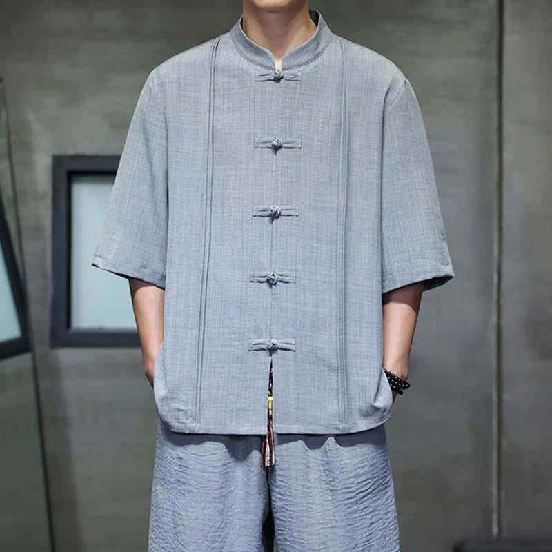 Buddha Stones Conjunto de 2 piezas: Camisa de manga tres cuartos estilo Tang con botones de rana, pantalones cortos y ropa de meditación para hombre con bolsillos. - image 16