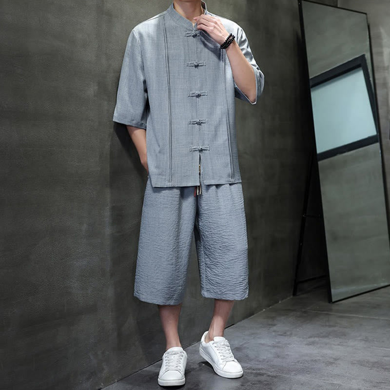 Buddha Stones Conjunto de 2 piezas: Camisa de manga tres cuartos estilo Tang con botones de rana, pantalones cortos y ropa de meditación para hombre con bolsillos. - image 14