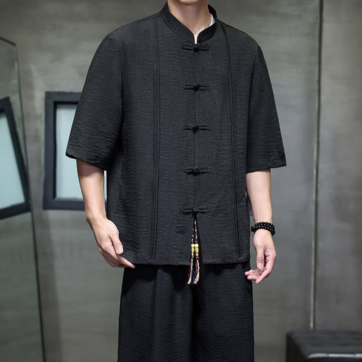 Buddha Stones Conjunto de 2 piezas: Camisa de manga tres cuartos estilo Tang con botones de rana, pantalones cortos y ropa de meditación para hombre con bolsillos. - image 30