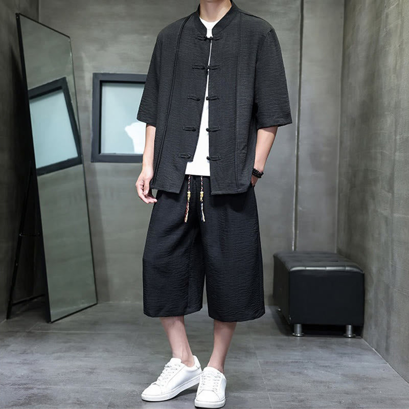 Buddha Stones Conjunto de 2 piezas: Camisa de manga tres cuartos estilo Tang con botones de rana, pantalones cortos y ropa de meditación para hombre con bolsillos. - image 27