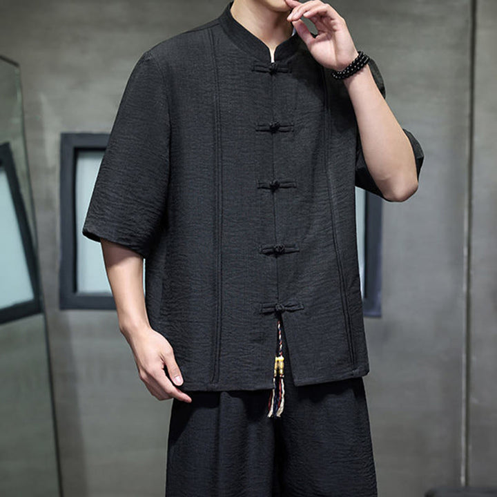 Buddha Stones Conjunto de 2 piezas: Camisa de manga tres cuartos estilo Tang con botones de rana, pantalones cortos y ropa de meditación para hombre con bolsillos. - image 28
