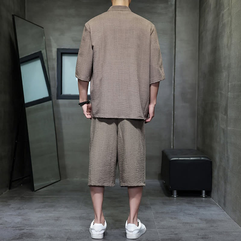 Buddha Stones Conjunto de 2 piezas: Camisa de manga tres cuartos estilo Tang con botones de rana, pantalones cortos y ropa de meditación para hombre con bolsillos. - image 34