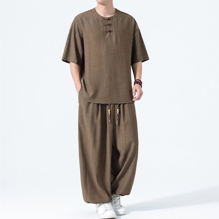 Buddha Stones Conjunto de 2 piezas: Camisa de manga corta lisa con botones de rana estilo Tang para verano, pantalones harem para hombre, ropa de meditación con bolsillos. - image 5