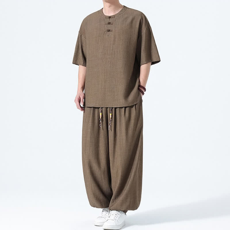 Buddha Stones Conjunto de 2 piezas: Camisa de manga corta lisa con botones de rana estilo Tang para verano, pantalones harem para hombre, ropa de meditación con bolsillos. - image 2
