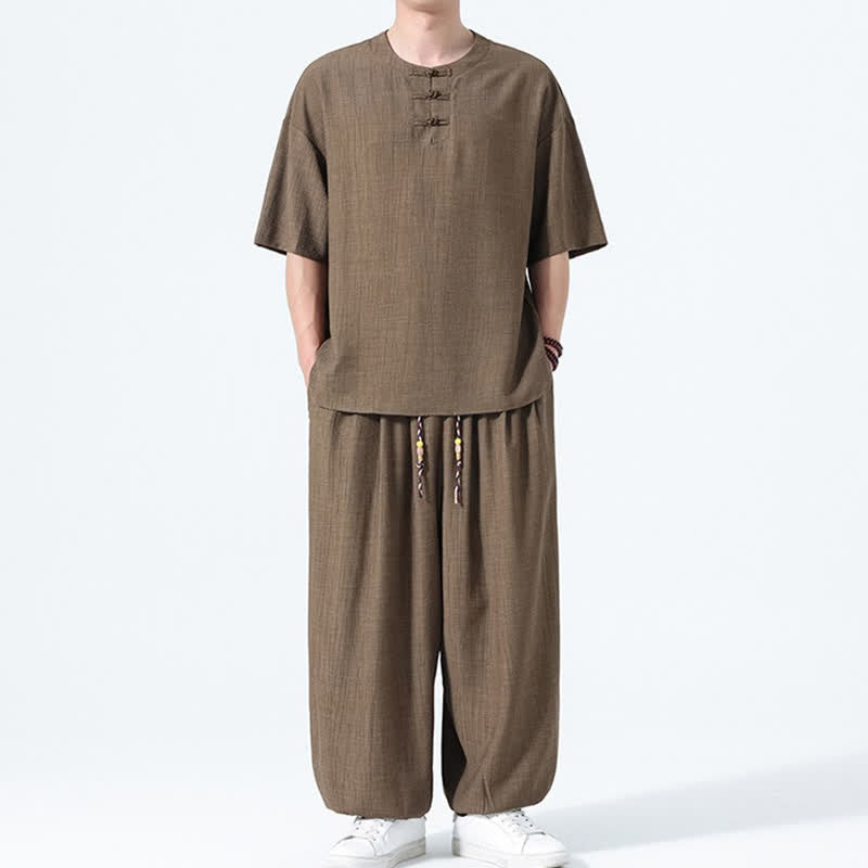 Buddha Stones Conjunto de 2 piezas: Camisa de manga corta lisa con botones de rana estilo Tang para verano, pantalones harem para hombre, ropa de meditación con bolsillos. - image 1