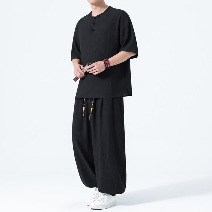Buddha Stones Conjunto de 2 piezas: Camisa de manga corta lisa con botones de rana estilo Tang para verano, pantalones harem para hombre, ropa de meditación con bolsillos. - Negro - US/UK/AU46, EU56 (5XL) - image 6