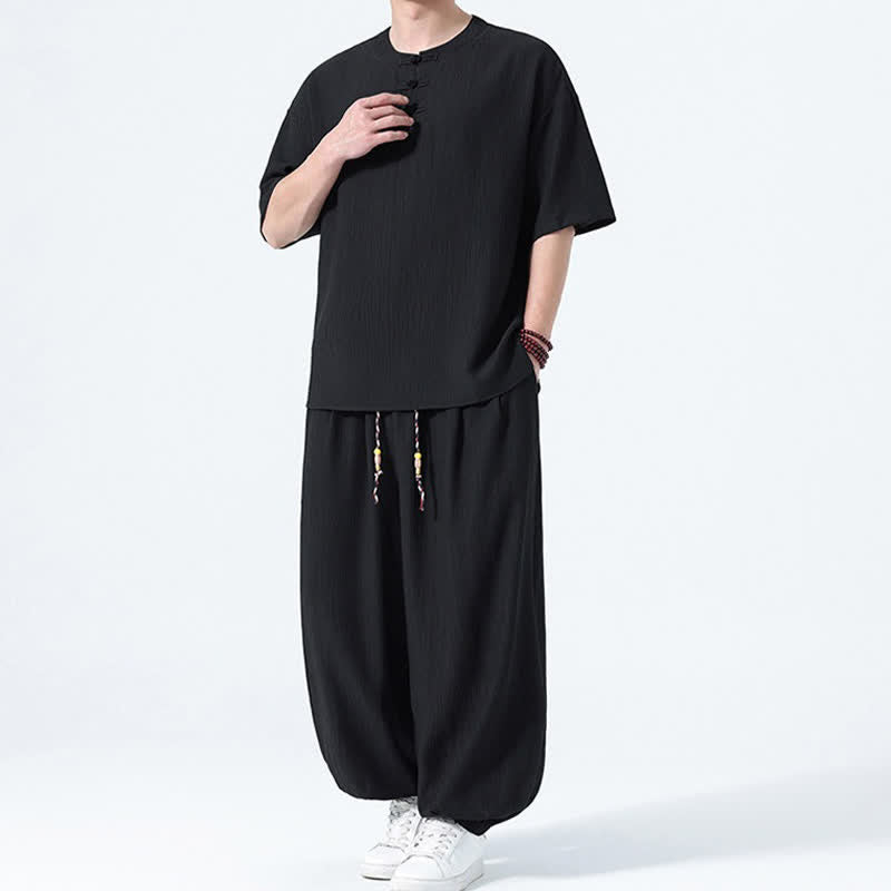 Buddha Stones Conjunto de 2 piezas: Camisa de manga corta lisa con botones de rana estilo Tang para verano, pantalones harem para hombre, ropa de meditación con bolsillos. - image 11