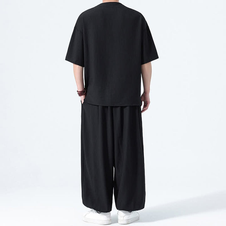 Buddha Stones Conjunto de 2 piezas: Camisa de manga corta lisa con botones de rana estilo Tang para verano, pantalones harem para hombre, ropa de meditación con bolsillos. - image 9