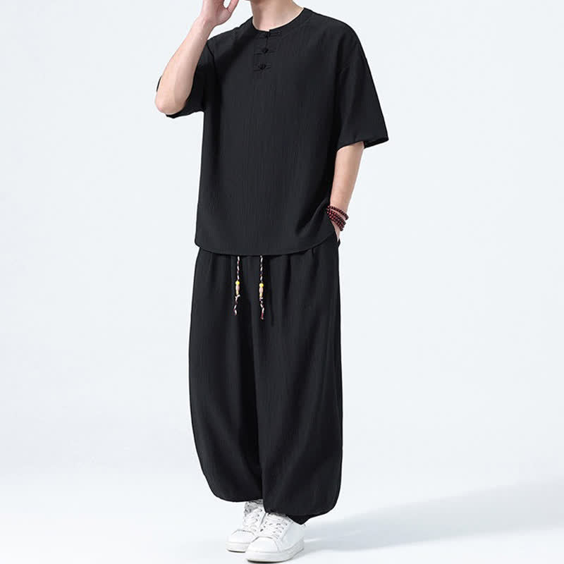 Buddha Stones Conjunto de 2 piezas: Camisa de manga corta lisa con botones de rana estilo Tang para verano, pantalones harem para hombre, ropa de meditación con bolsillos. - image 8
