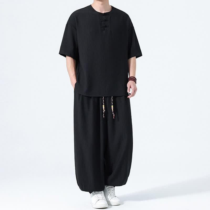 Buddha Stones Conjunto de 2 piezas: Camisa de manga corta lisa con botones de rana estilo Tang para verano, pantalones harem para hombre, ropa de meditación con bolsillos. - image 12
