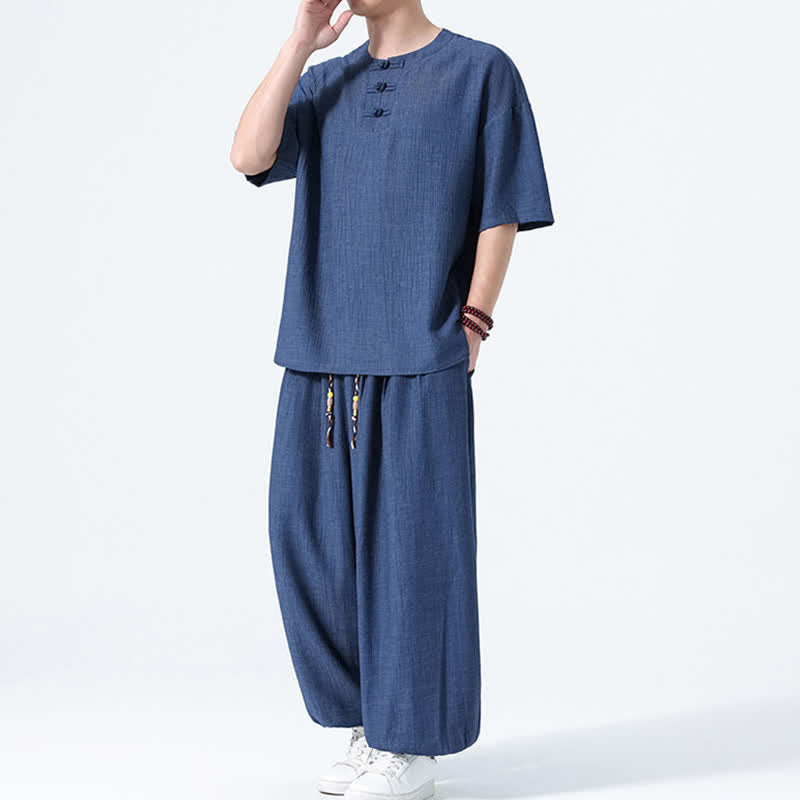 Buddha Stones Conjunto de 2 piezas: Camisa de manga corta lisa con botones de rana estilo Tang para verano, pantalones harem para hombre, ropa de meditación con bolsillos. - image 15