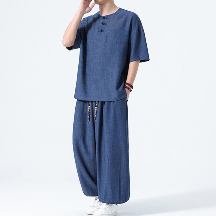 Buddha Stones Conjunto de 2 piezas: Camisa de manga corta lisa con botones de rana estilo Tang para verano, pantalones harem para hombre, ropa de meditación con bolsillos. - image 15
