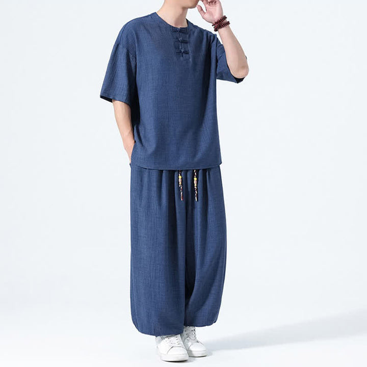 Buddha Stones Conjunto de 2 piezas: Camisa de manga corta lisa con botones de rana estilo Tang para verano, pantalones harem para hombre, ropa de meditación con bolsillos. - image 19