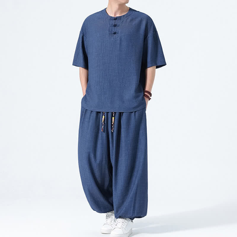 Buddha Stones Conjunto de 2 piezas: Camisa de manga corta lisa con botones de rana estilo Tang para verano, pantalones harem para hombre, ropa de meditación con bolsillos. - image 18