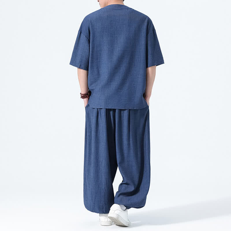 Buddha Stones Conjunto de 2 piezas: Camisa de manga corta lisa con botones de rana estilo Tang para verano, pantalones harem para hombre, ropa de meditación con bolsillos. - image 16