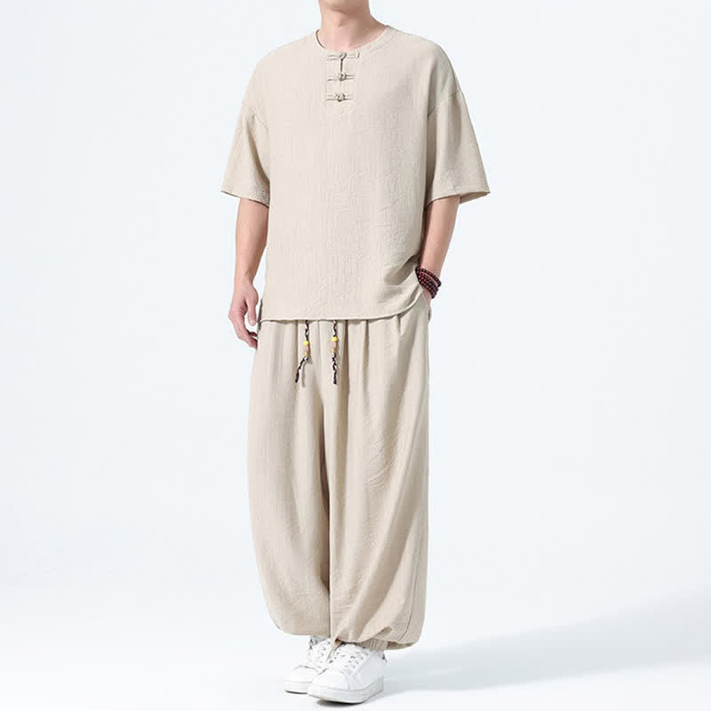 Buddha Stones Conjunto de 2 piezas: Camisa de manga corta lisa con botones de rana estilo Tang para verano, pantalones harem para hombre, ropa de meditación con bolsillos. - image 24